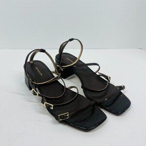 Ann Taylor Strappy Brown Leather Croc Embossed w/ Gold buckles Block Heel Sandal